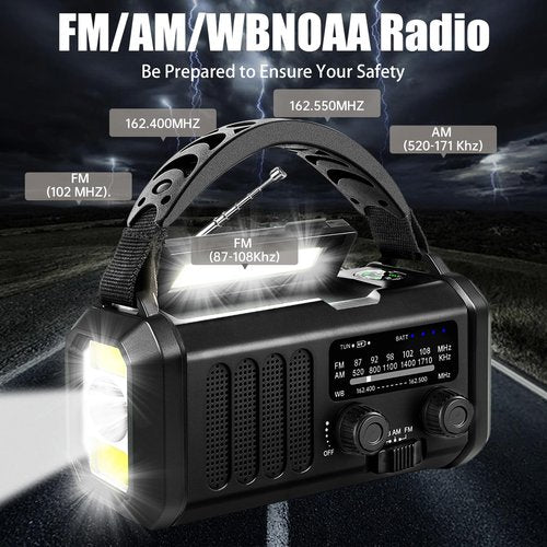 QAUYYW Hand Crank Emergency Radio,74000mWh Solar Powered Portable NOAA AM FM Weather Radio with 3 Mode Flashlight and Reading Light,Cell Phone Charger,Home and Emergency Distress Signal (Black)