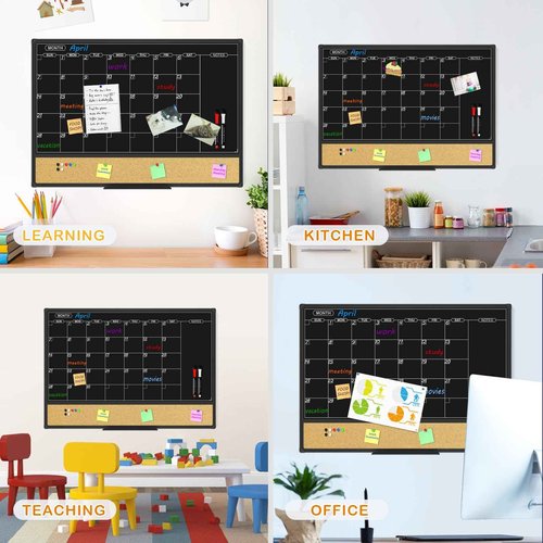 JILoffice Magnetic Black Calendar Dry Erase Board & Bulletin Board Combo, 36 x 24 Inch Dry Erase Board for Liquid Chalk Markers, Black Aluminum Frame for Office Home and School with 10 Push Pins