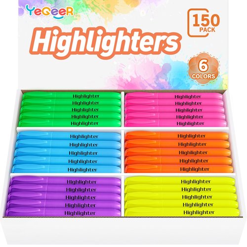 YEGEER Highlighters, Chisel Tip Dry-Quickly Highlighter Markers, 150 Count-6 Assorted Colors Highlighters Bulk Pack for Adult Kids, Office Classroom Must Have, School Supplies for Teachers
