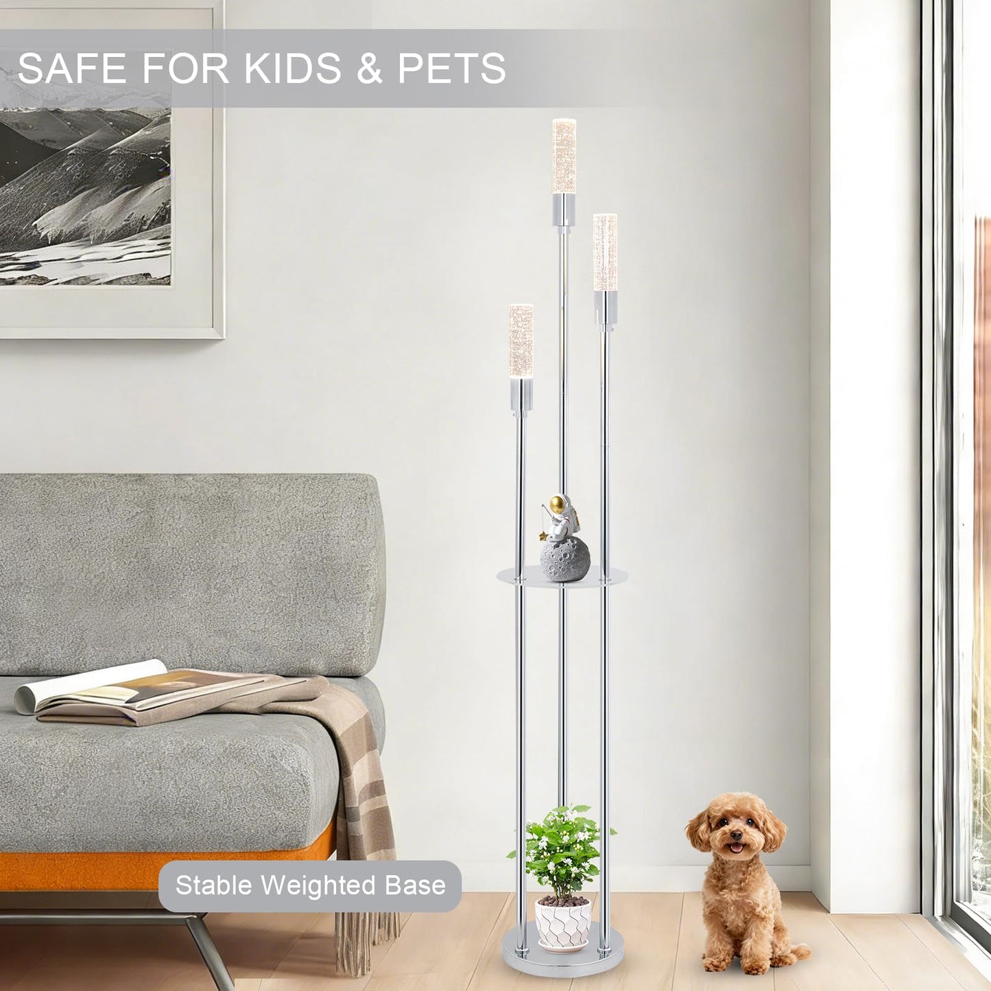 Stepeak Bubble Crystal Floor Lamp with Shelves, 3 Lights Modern Standing Lamps for Living Room, Built-in LED Lights, Foot Switch, Industrial Tall Corner Floor Lamp for Bedroom Home Office, Silver