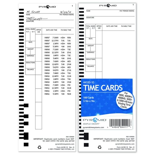 Pyramid Time Systems, 44100-10PK5, 500 Count Genuine and Authentic Time Cards for 4000, 4000Pro, 4000ProK and 5000 Series Time Clocks from Pyramid, Time Cards, White, 3.5 by 9 inches