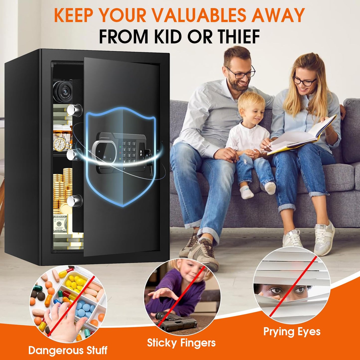 3.4 CUFT Large Home Safes Water and Fireproof, Fire Proof Safes with Spare Key and Electronic Keypad, Floor Safe with Removable Shelf, Safes for Home Use Fire and Water Proof