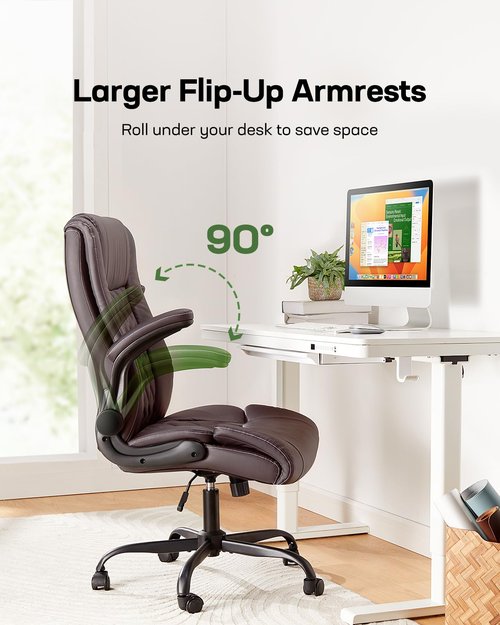 Marsail Executive Office Chair with Flip-up Armrests,PU Leather Ergonomic Desk Chair Height-Adjustable Swivel Rolling Computer Desk Chair