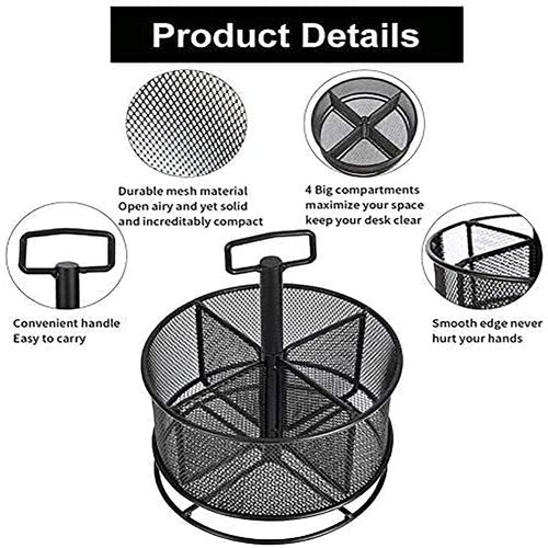 Marbrasse Mesh Desk Organizer, 360-Degree Rotating Multi-Functional Pen Holder, 4 Compartments Desktop Stationary Organizer, Home Office Art Supply Storage Box Caddy (Black)