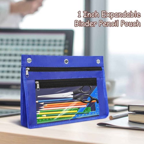 YoeeJob 24 Pack Pencil Pouch for 3 Ring Binder, Expandable Binder Pouches with Zipper, Large Capacity Pen Holder Case with Clear Window School Class Office Organizers, Blue