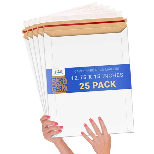 ABC Rigid Mailers, 12.75 x 15 inch. Pack of 25 White Self-Sealing Cardboard Envelopes. 550 GSM Stay Flat Photo Shipping Cardboard Mailer Envelope. Stay Flat Mailers for CD, Photos, Documents