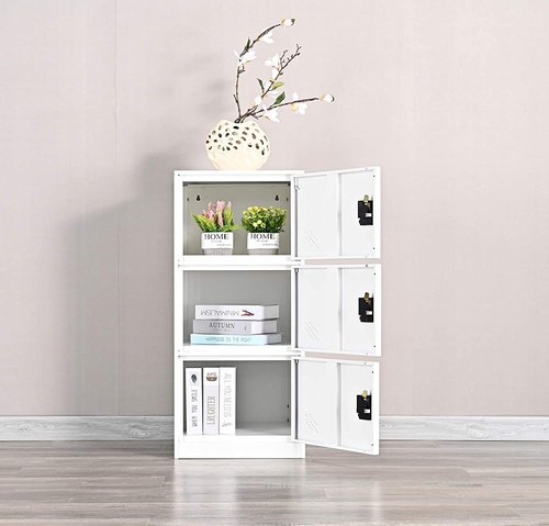 MECOLOR Vertical Single Tier Small Locker with Padlock latche 2 or 3 Compartment Storage for Employee,Home,Office,School,Kids (Full White, P3V)