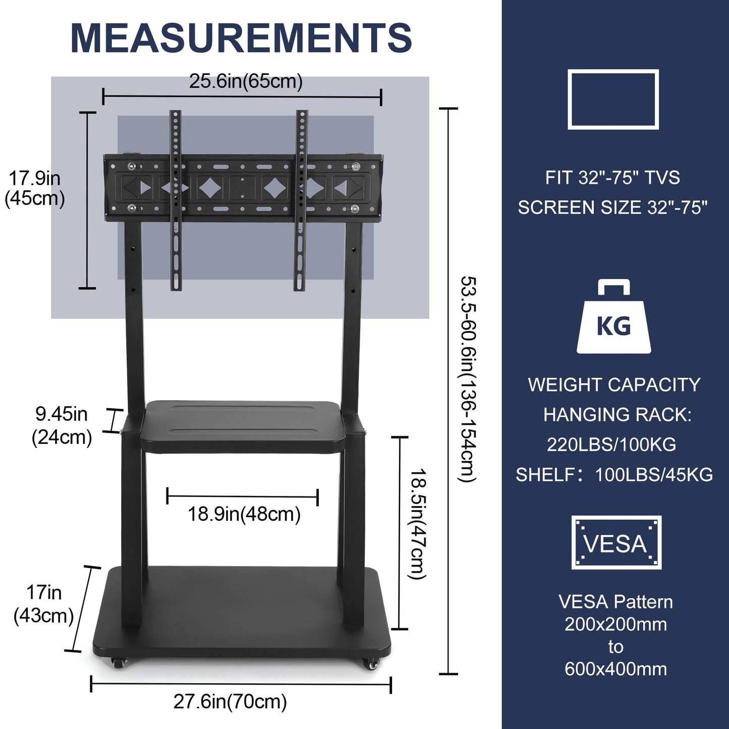 Maiproo Rolling TV Stand with Wheels for 32-75 Inch Heavy-Duty Mobile TV Cart LCD LED OLED Flat Panel Screens Smartboard Holds up to 100lbs Portable TV Stand on Wheels with Shelf Height Ajustable
