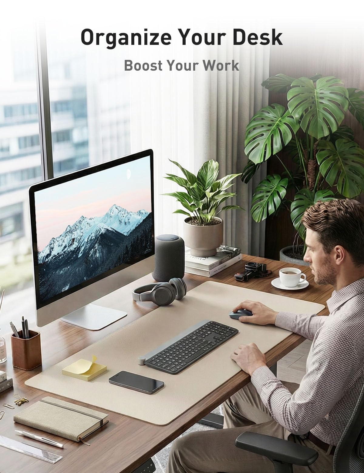 Aothia Faux Leather Desk Mat - Non-Slip PU Leather Desk Blotter, Waterproof Writing Surface, Large Desk Pad for Office & Home (Eggshell, 55" x 24")