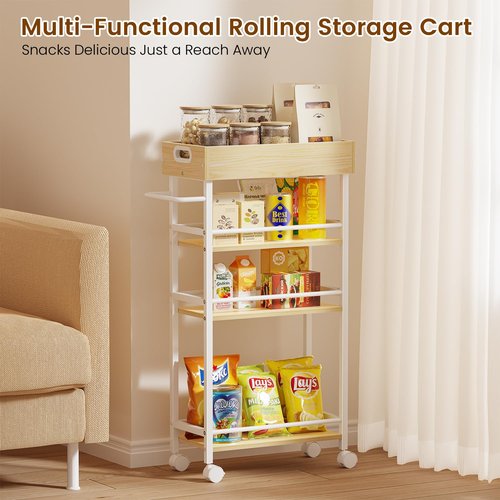 Asgolion Slim Storage Cart, 4 Tier Rolling Cart with Handle, Kitchen Cart on Wheels, Metal Frame Narrow Cart for Small Spaces for Dining Room, Bathroom, Laundry Room, Office White