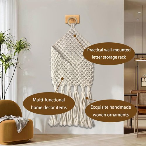 Hand-Woven Mail Holder For Wall,Boho Decor,Hanging Mail Organizer,Behind The Door Storage,Wall Decor,White