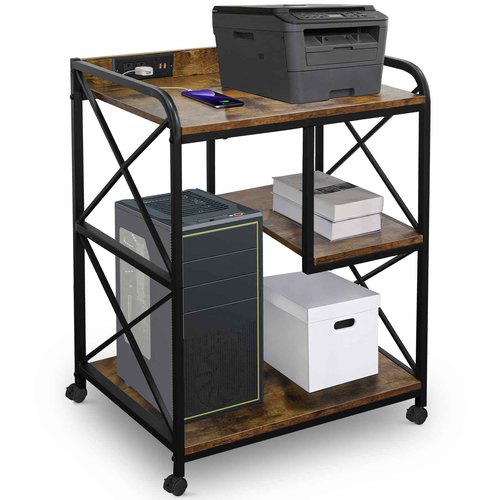 FLYZC Printer Stand, Printer Table with Storage Shelf for Home Office, 23 x 18 Inch Large Home Printer Stand with Power Outlet USB Port, Printer Cart, PC Tower Stand, Vintage Brown