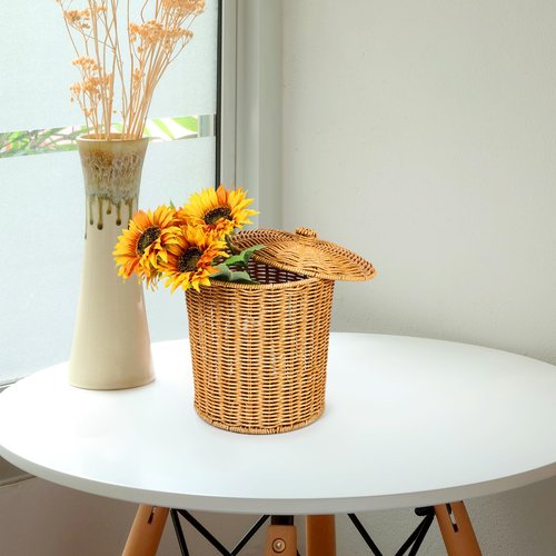 Cabilock Weave Waste Basket with Lid, PP Waste Paper Bin, Rubbish Basket Trash Can for Bedroom Bathroom Office Home