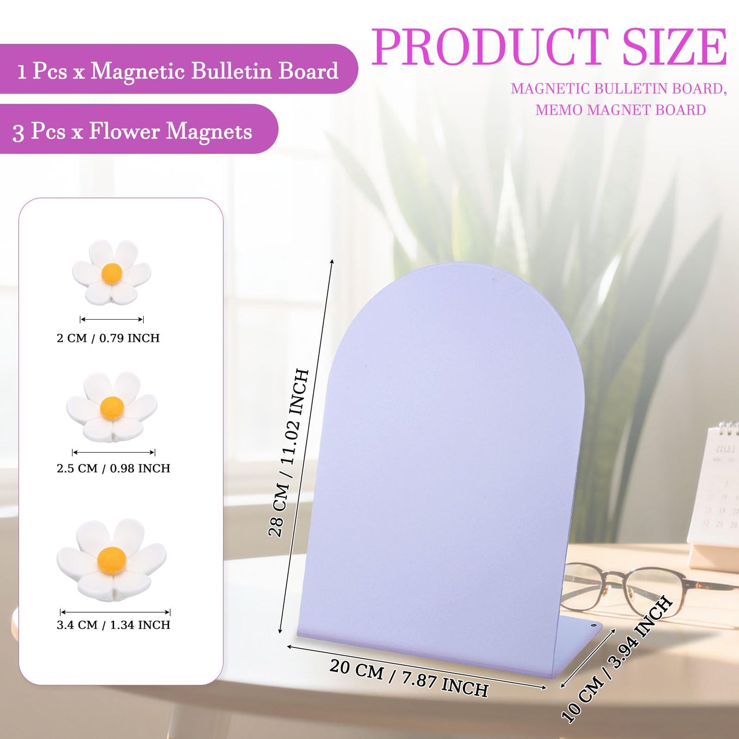 PATIKIL Magnetic Bulletin Board, Memo Magnet Display Stand Board with 3 Flower Magnets for Home Office Kitchen Restaurant Cafe Supplies, Purple/White