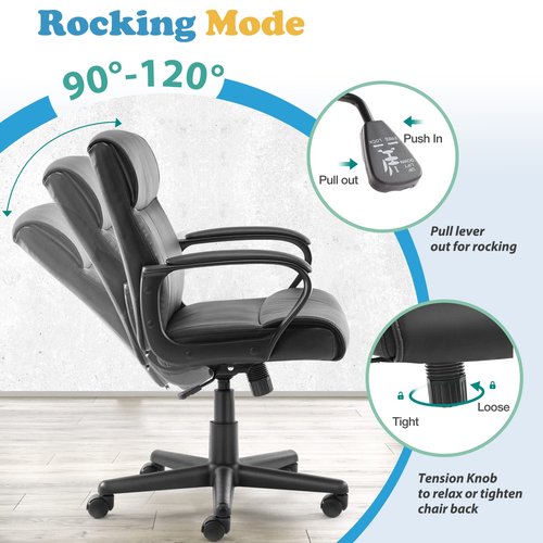 MCQ Mid Back Office Chair Swivel Executive Chair with Armrests, Leather-Padded Ergonomic Chair with Lumbar Support, PU Leather Computer Chair for Adults, Dark Black, Small Size