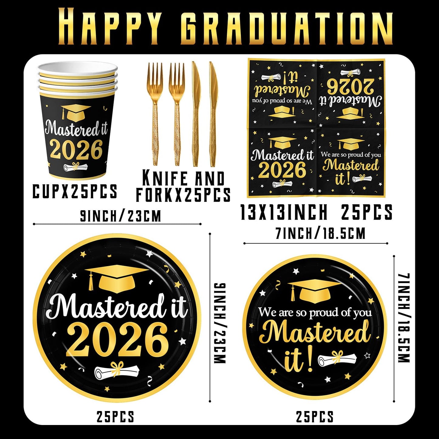 Graduation Decorations Class of 2026, Black Gold Mastered It 2026 Disposable Paper Plates Napkins and Cups for Master College High School Graduation Party Supplies Serve 25