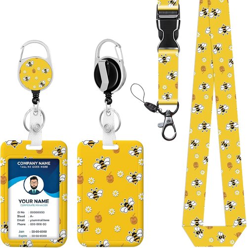 Honey Bee ID Badge Holder - Detachable Lanyard & Retractable Reel for Nurses, Teachers, & Office Staff