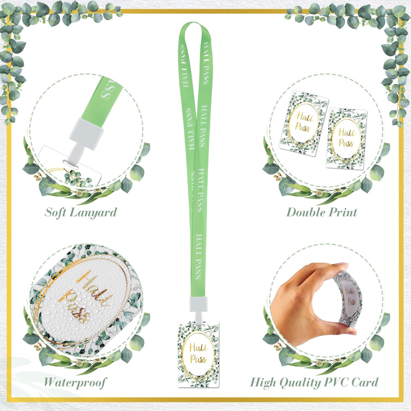 8 Set PVC Hall Pass Lanyards Eucalyptus Unbreakable Hall School Passes Teacher Supplies for Classroom Elementary Middle School Bathroom Library Office Nurse