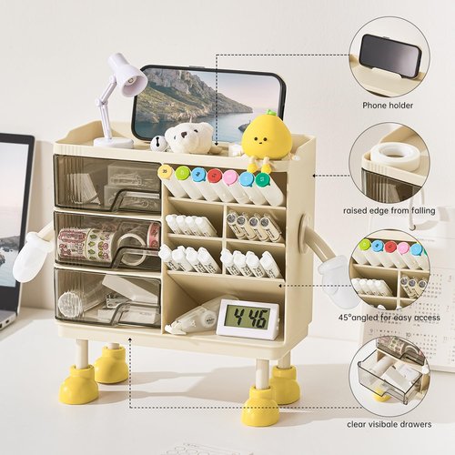 UFORU Desktop Organizer with 3M Adhesive Accessories, 3 Drawer Pencil Holder for Desk with Dividers, Perfect for Office Supplies, Stationery, and Small Items, Beige and Transparent Design