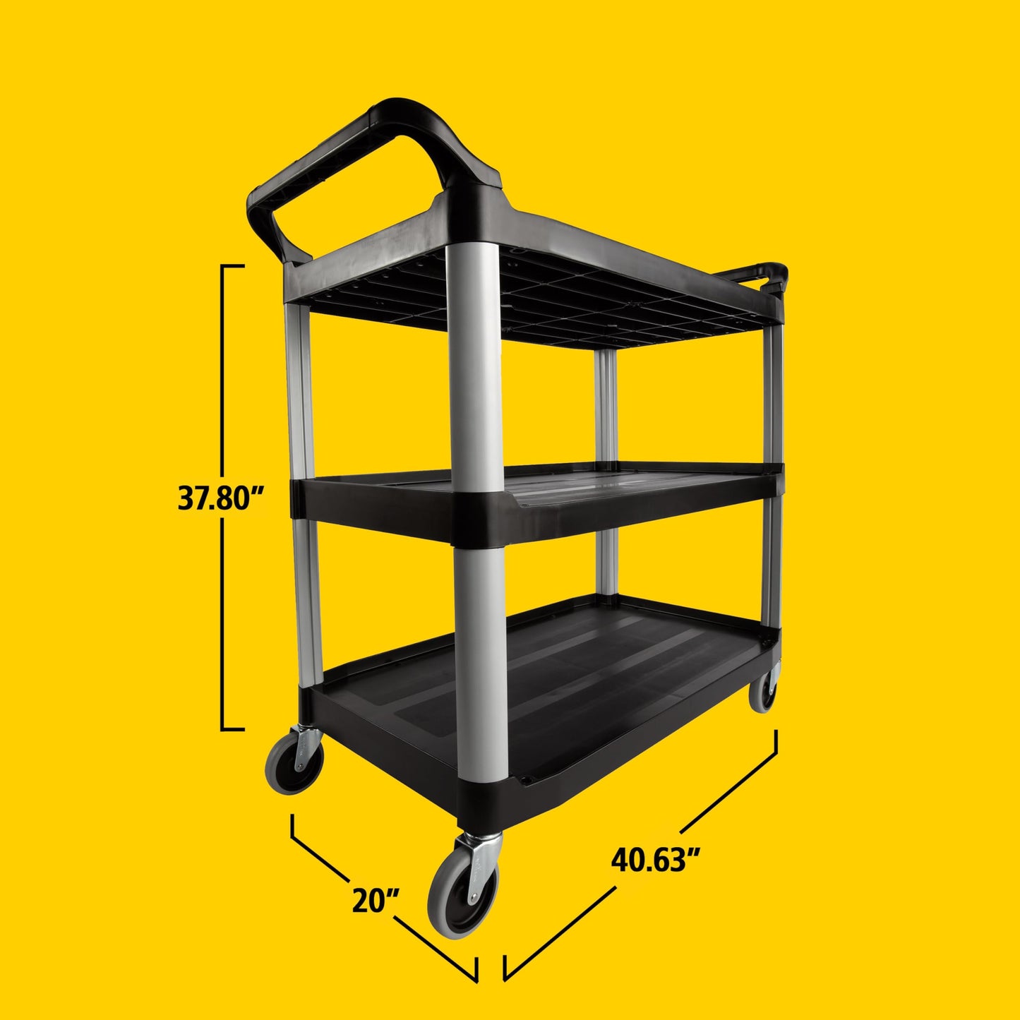 Rubbermaid Commercial Products Heavy Duty 3-Shelf Rolling Service/Utility/Push Cart, 300 lbs. Capacity, Black, for Restaurant/Cleaning/Office use (FG409100BLA)