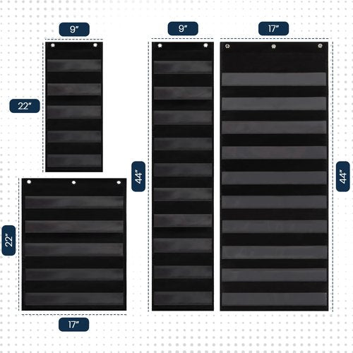 Essex Wares - 9"x22", 9"x44", 17"x22", and 17"x44" Pocket Chart, Black - Sturdy Variety Pack Pocket Chart for Classroom for Sentence Strips - Easy to Use & Hang, Reusable Black Pocket Chart