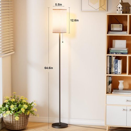 Ziisee Floor Lamps for Living Room, Modern Standing Lamp with Pull Chain Switch, 3 Color Temperature Black Pole Lamp with Lampshade, 9W LED Bulb Tall Lamps for Bedroom Office Kid Room