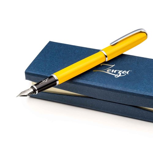 ZenZoi Yellow Fountain Pen - Beautiful Writing Instrument for Women, Men. Smooth Schmidt Fine Nib. Luxury Gift Set, Converter, 2 Ink Refills. Nice, Refillable, Professional, Journaling