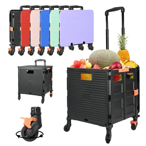 SELORSS Foldable Utility Cart Portable Rolling Crate Handcart Shopping Trolley Collapsible Tool Box with Rotate Wheels Durable Duty Plastic Telescoping Handle Lid for Travel Move Office School(Black)