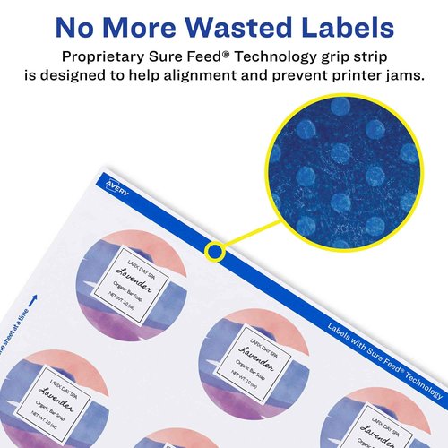 Avery Matte White Round Labels, Sure Feed Technology, 2" Diameter, 1,200 Matte White Printable Labels