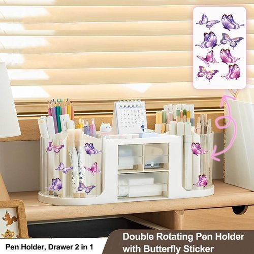 INSTOME Rotating Desk Organizer with 2 Pen Holders & 3 Drawers – All-In-One Multifunctional Storage with Butterfly Sticker for Office, School, or Home | Neutral Beige & Cream Aesthetic