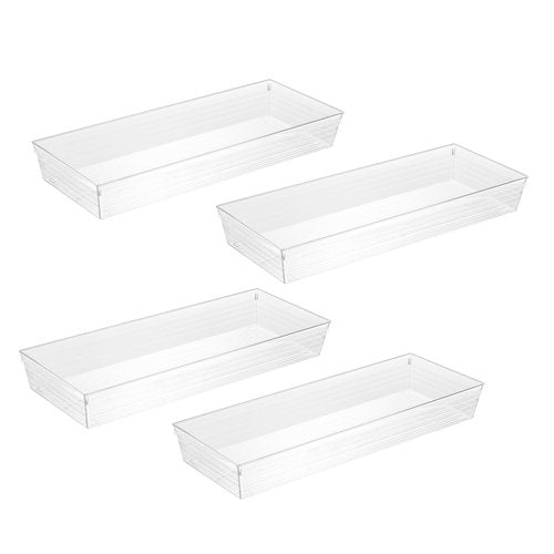 Backerysupply 4 Pack Storage Bins For Bathroom Cosmetic Makeup Vanity Clear Plastic Desk Drawer Organizers Tray Kitchen Utensils Silverware Dividers 15"x6"x2"