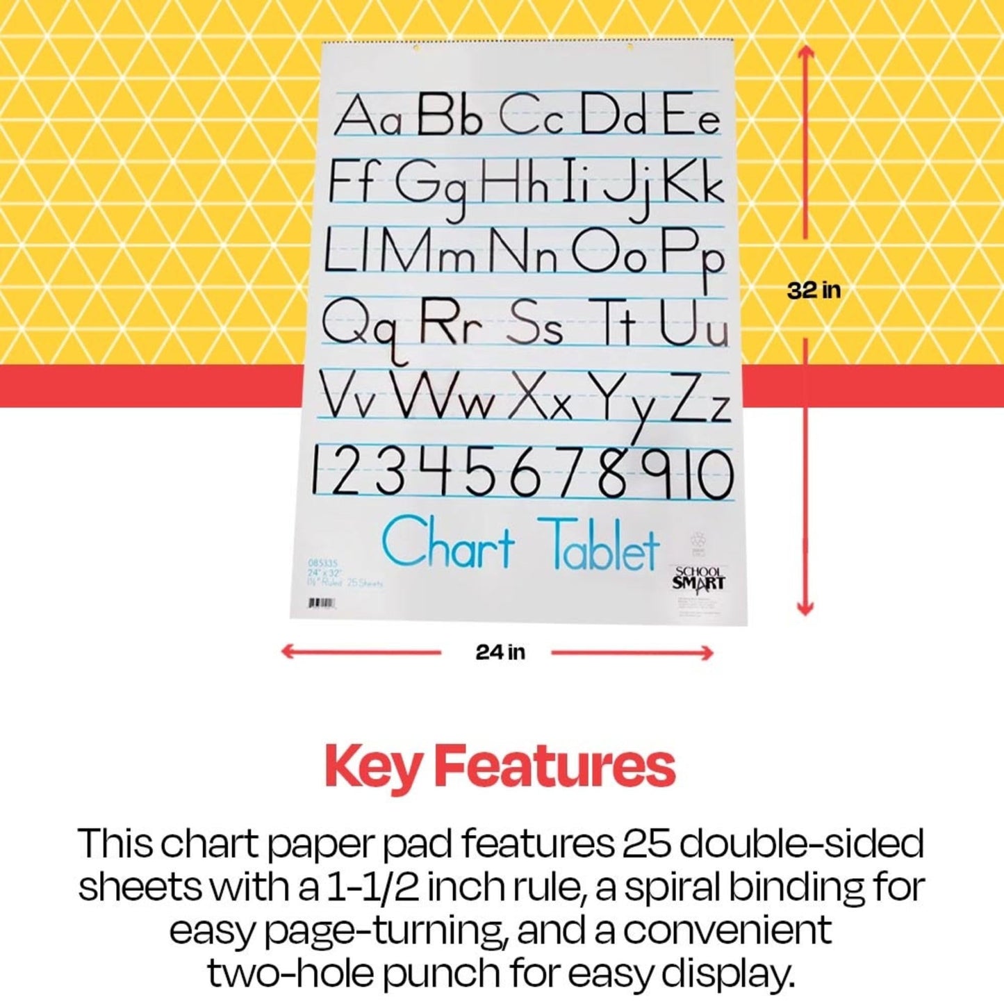 School Smart Chart Paper Pad, 32 x 24 Inches, 1-1/2 Inch Rule, 25 Sheets