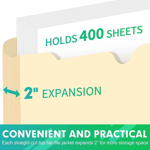 File Folders Jacket, HERKKA 60 Pack Letter-Size Manila File Folders, Expandable up to 2 Inches for Extra Storage, Reinforced Straight -Cut Tab, Ideal for Office, School, and Home Use