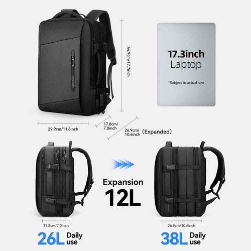 MARK RYDEN Travel Backpack for Men, 38L Airline Approved Carry on Backpack with 17.3 Inch Laptop Compartment and USB Charging Port, Waterproof Business Backpack Ideal for Traveling, Working