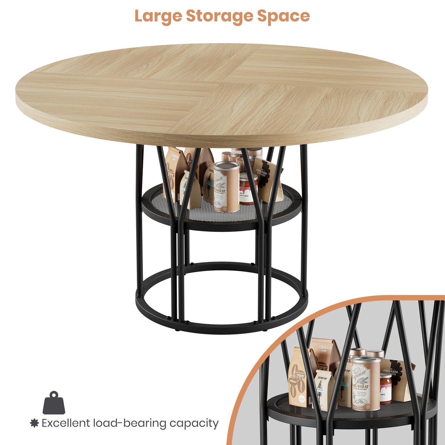 Garvee Round Dinning Table for 4-6 - 47" Circle Dinner Table with Storage Shelf & Sturdy Metal Frame, Modern Breakfast Tea Desk for Kitchen, Living Room, Apartment, Office, Natural