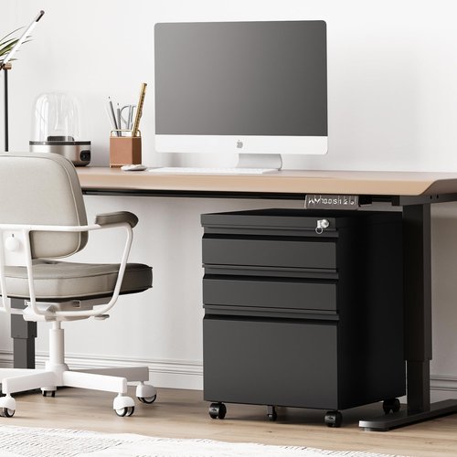 RAVIGIN 3 Drawer File Cabinet，Mobile Filing Cabinet with Lock and Wheels，Un-Assembled Metal Under Desk File Cabinets for A4/Letter/Legal Size（Black