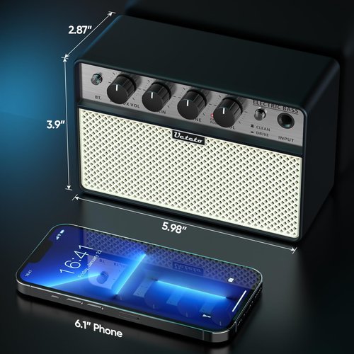 Ueteto 10W Mini Bass Amp, Portable and Rechargeable Bass Guitar Practice Amplifier with Clean and Drive Channels
