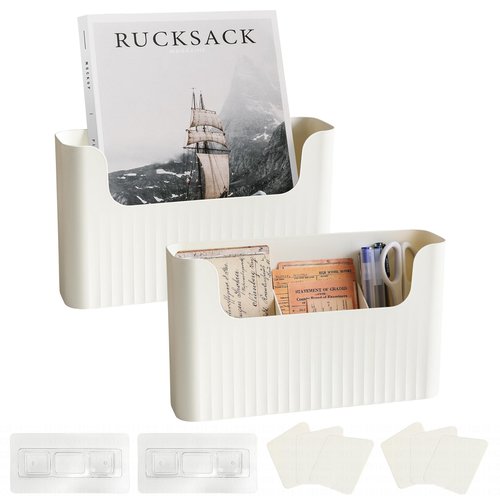 FKTXCO File Holder Mail Organizer Wall Mount Magazine Organizer Holder Hanging Files Mails Magazines Office Door Pocket with Dividers, Adhesive Sticker, Creamy White(2 Count)