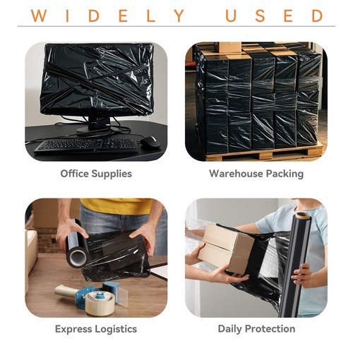 ADAYM 18" x 1500' Stretch/Shrink Wrap Roll (4 Rolls) - Black Plastic Wrap for Moving, Heavy Duty 80 Gauge, 600% Stretch for Packing, Pallets, Shipping&Furniture Protection with Handles