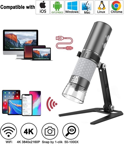 Jiusion WiFi USB Digital Handheld Microscope - 50 to 1000x Wireless Magnification | 4K Camera with Metal Stand