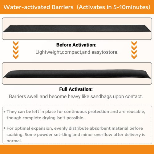 6 Pcs Water Activated Barrier for Flooding 5 Ft x 6.5 Inch Absorbent Flood Barriers for Home Sandless Sandbag Reusable Water Diverter for Door Garage Basement Prevention Rain Hurricane Black