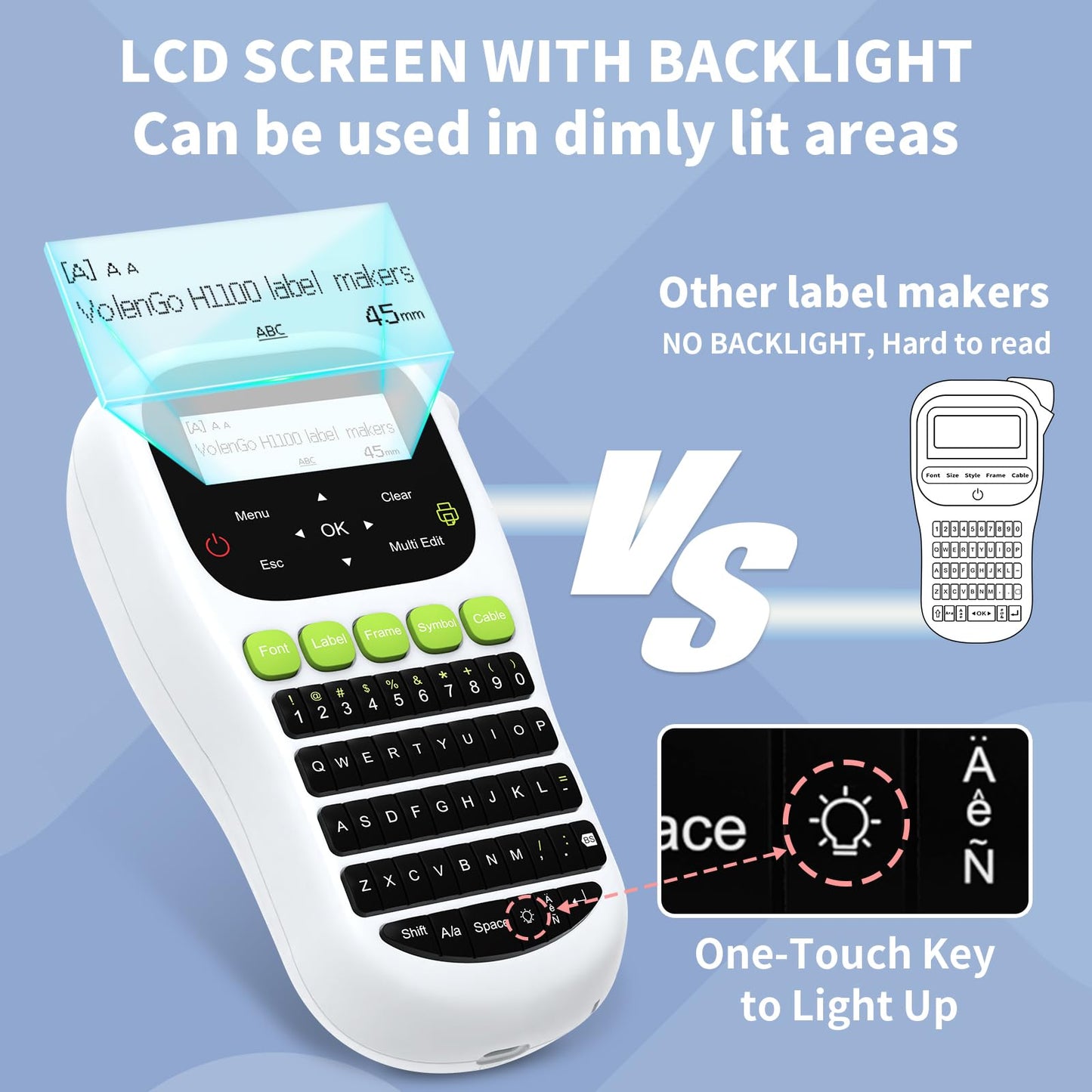 VolenGo H1100 Label Maker Machine with-Tape 12mm Laminated, Backlit Handheld Label Maker Waterproof-Labels, QWERTY Keyboard & Multi Fonts, Portable Inkless Label Printer for Home Office Organization