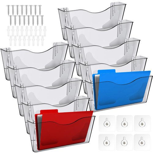 RattanView 10 Pack Acrylic Single Pocket Hanging File Organizer, Plastic Hanging Wall Mount File Holder Wall Pocket Mails Magazines Organizer Mounted Folder Bins for Office, School and Home