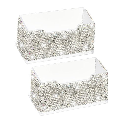 PATIKIL Rhinestone Business Card Holder, 2Pcs Crystal Business Card Holders Bling Business Card Organizer Display Stand for Desktop Desk Office Exhibition, White