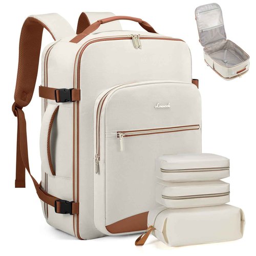 LOVEVOOK Travel Backpack for Women & Men 50L,Airline Approved Carry On Backpack Travel Essentials,TSA Carry on Luggage,Waterproof Personal Item Travel Bag,Suitcase with 3 Packing Cubes, Beige-Brown