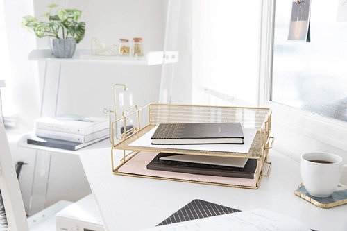 Blu Monaco Desk Accessories Gold - 7 Piece Set for Office Organization with Hanging File Holder Women Organizer Boho Décor