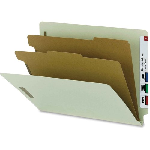 Smead 100% Recycled Pressboard End Tab Classification Folder, 2 Dividers, 2" Expansion, Letter Size, Gray/Green, 10 per Box (26802)