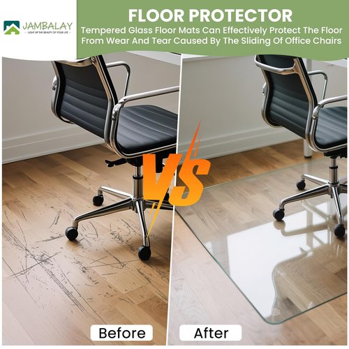 JAMBALAY 46″×36″ Tempered Glass Floor Mat, Heavy Duty Glass Office Chair Mat for Carpets or Hard Floors, Carpet Floor Mats with 12 Non Slip Pads for Easy Roll On, Thick 1/5″