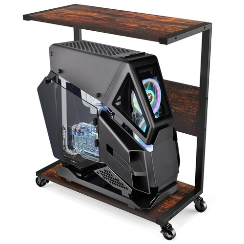 360Tronics Computer Tower Stand, 2-Tier Large ATX-Case Sotrage CPU Holder Cart Under Desk, C-Shape Tall Trolley for PC Tower, Wooden Mobile PC Standing Table with Wheels for Home/Office, Walnut