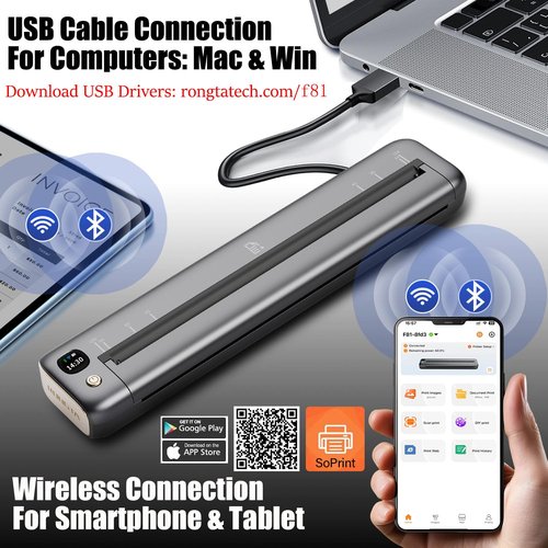 Rongta Portable Printer Wireless for Travel, Bluetooth WiFi Inkless Thermal Printers for 8.5" x 11" US Letter & A4 Size, Compatible with Android iOS Phone Mac Windows Laptop for Office & Home (Gray)